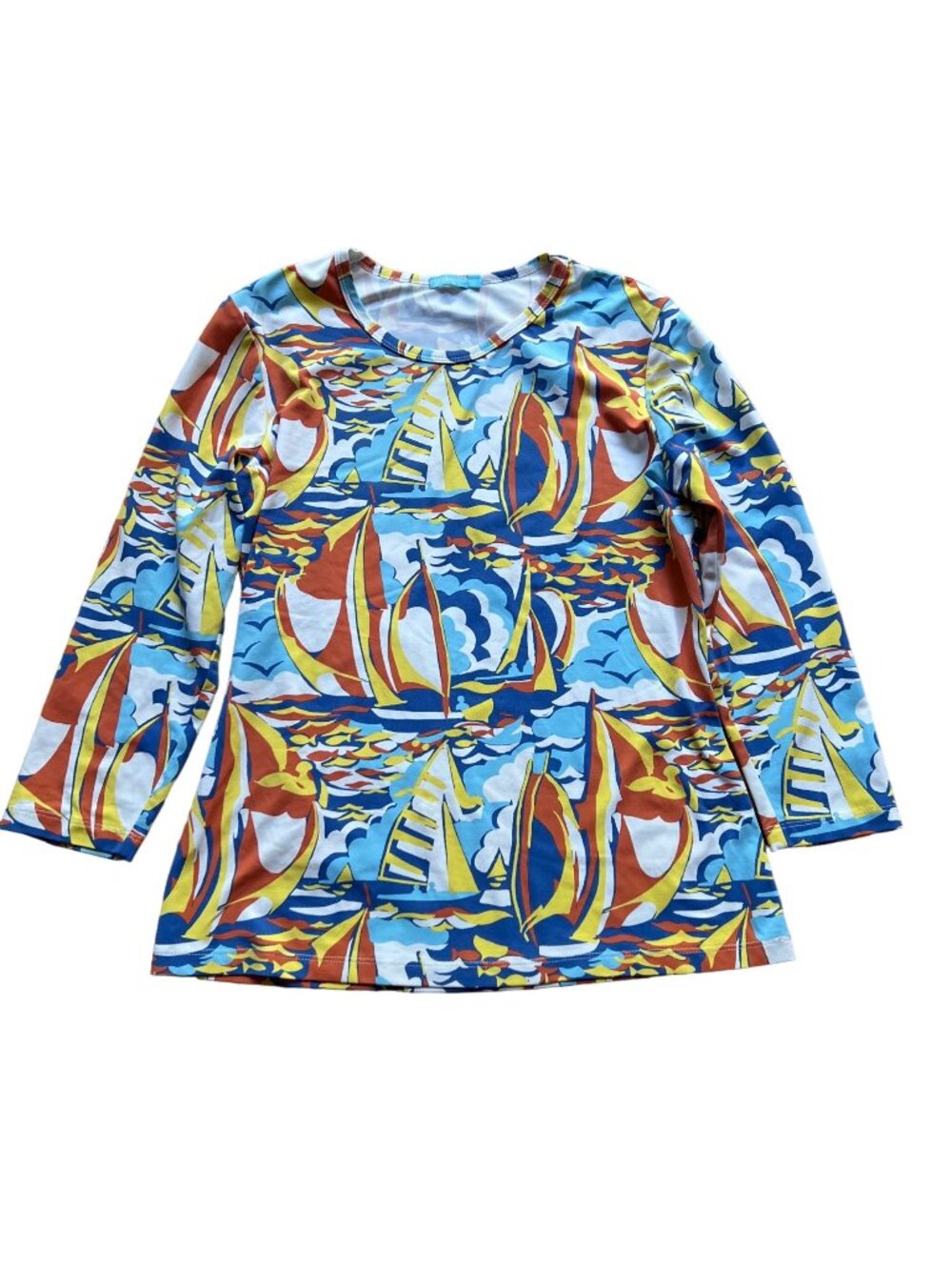 J. McLaughlin S Catalina Cloth 3/4 Sleeve Sailboat Preppy Nautical Print Top